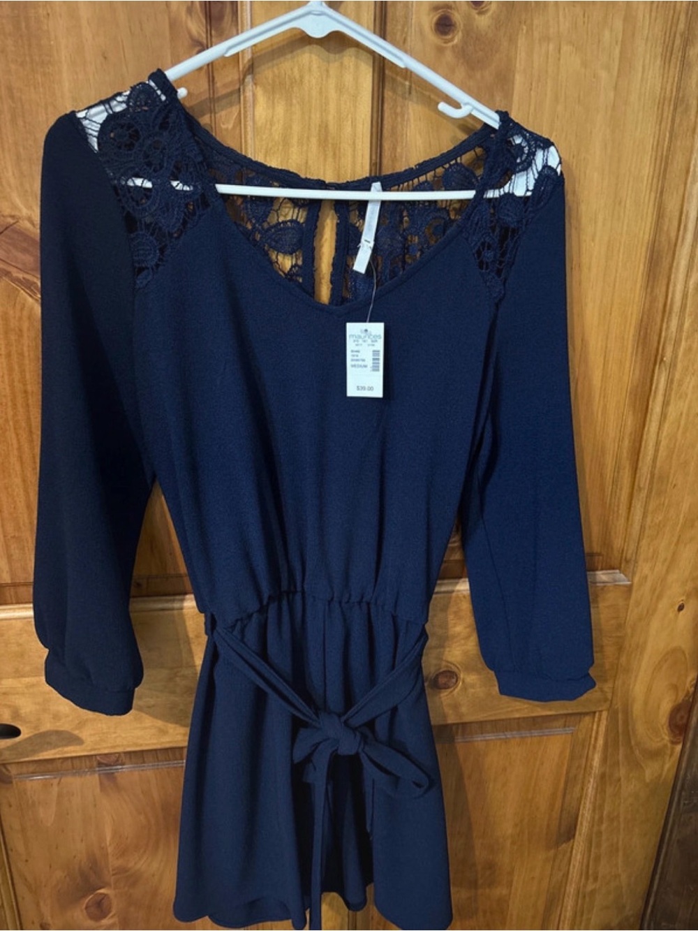 Lace-Trim Navy Tie-Waist Romper